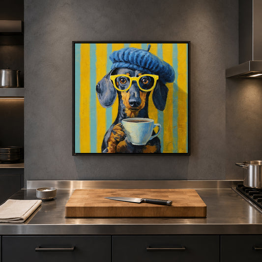 A framed square wall art print depicting a dachshund wearing a blue beret and yellow glasses while holding a white coffee mug, set against yellow and blue vertical stripes. The artwork is displayed on a dark gray kitchen wall above a stainless steel counter with a wooden cutting board and knife.