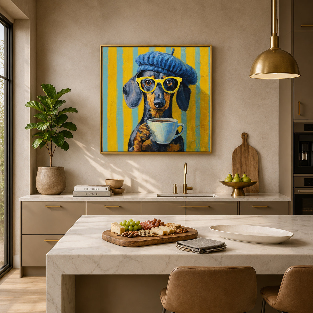A colorful framed art print of a dachshund wearing a blue beret and yellow glasses, holding a white teacup against yellow and blue stripes. 