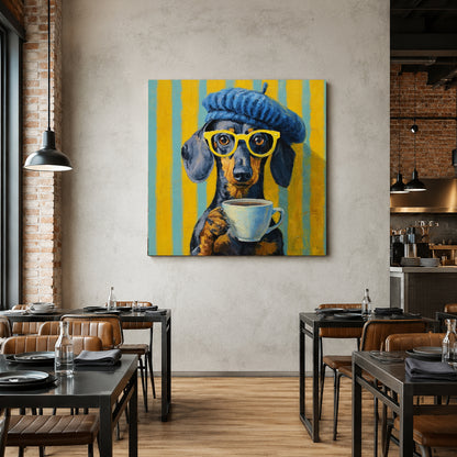 A colorful canvas wall art print depicting a dachshund wearing a blue beret and yellow glasses while holding a coffee cup, displayed on a textured beige wall in a modern restaurant interior.