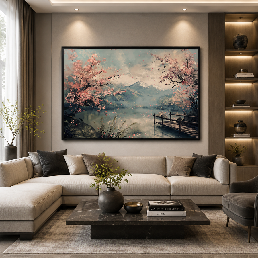 Cherry Blossom Lake Canvas Wall Art