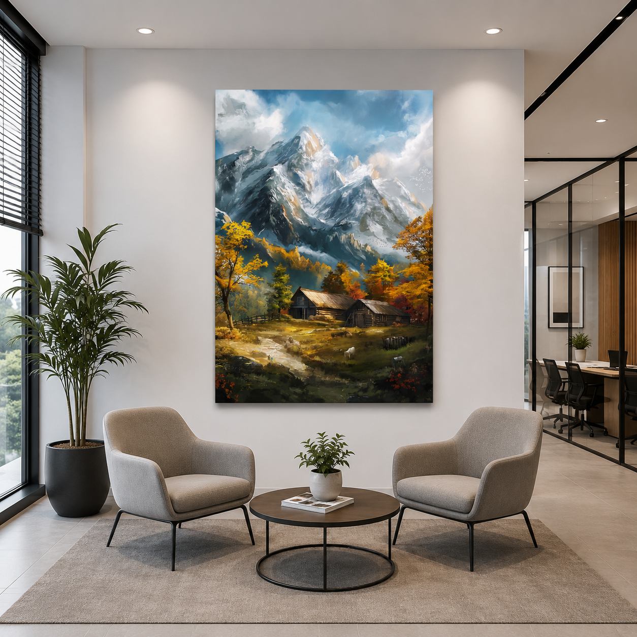 Mountain Cabin Canvas Wall Art Vertical Alpine Landscape Painting