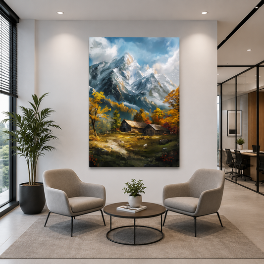 Mountain Cabin Canvas Wall Art Vertical Alpine Landscape Painting