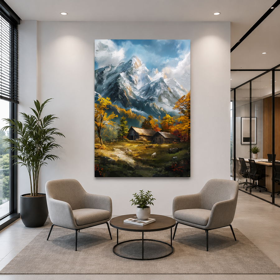 Mountain Cabin Canvas Wall Art Vertical Alpine Landscape Painting