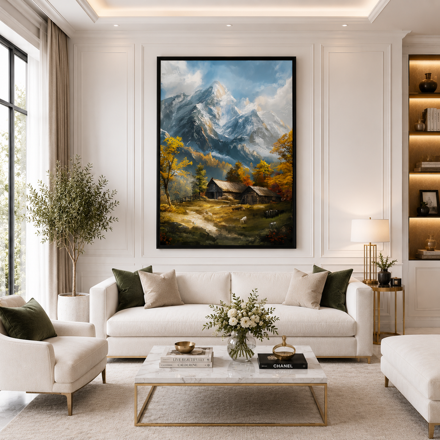 Mountain Cabin Canvas Wall Art Vertical Alpine Landscape Painting