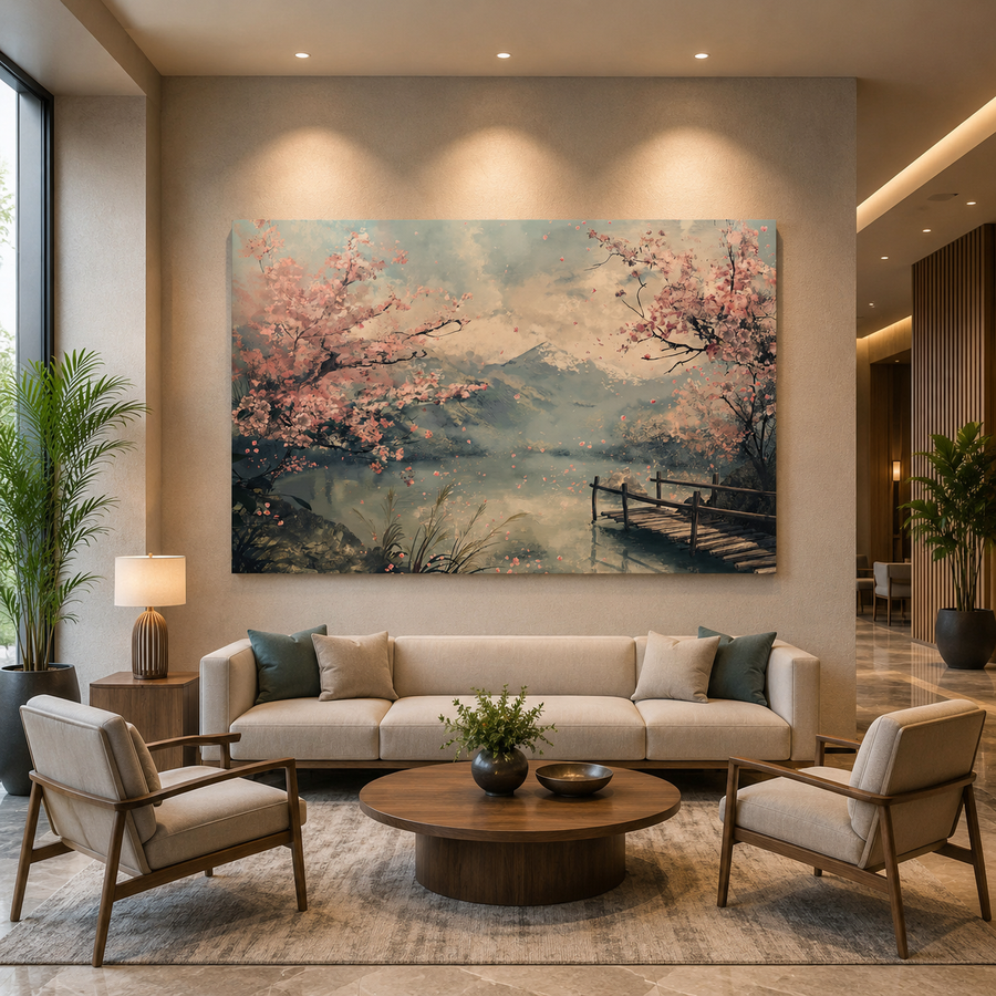 Cherry Blossom Lake Canvas Wall Art
