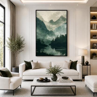 Misty Mountain Lake Canvas Wall Art Vertical Nature Landscape Print