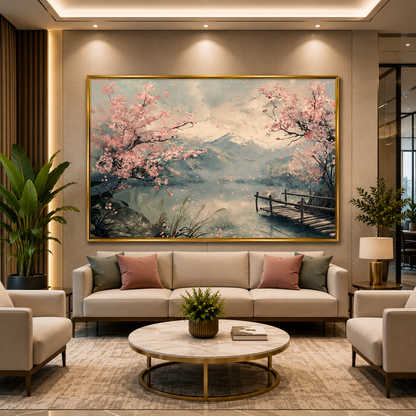 Cherry Blossom Lake Canvas Wall Art Pink Floral Landscape Print