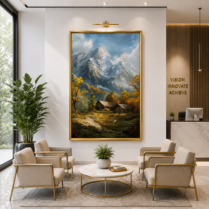 Mountain Cabin Canvas Wall Art Vertical Alpine Landscape Painting