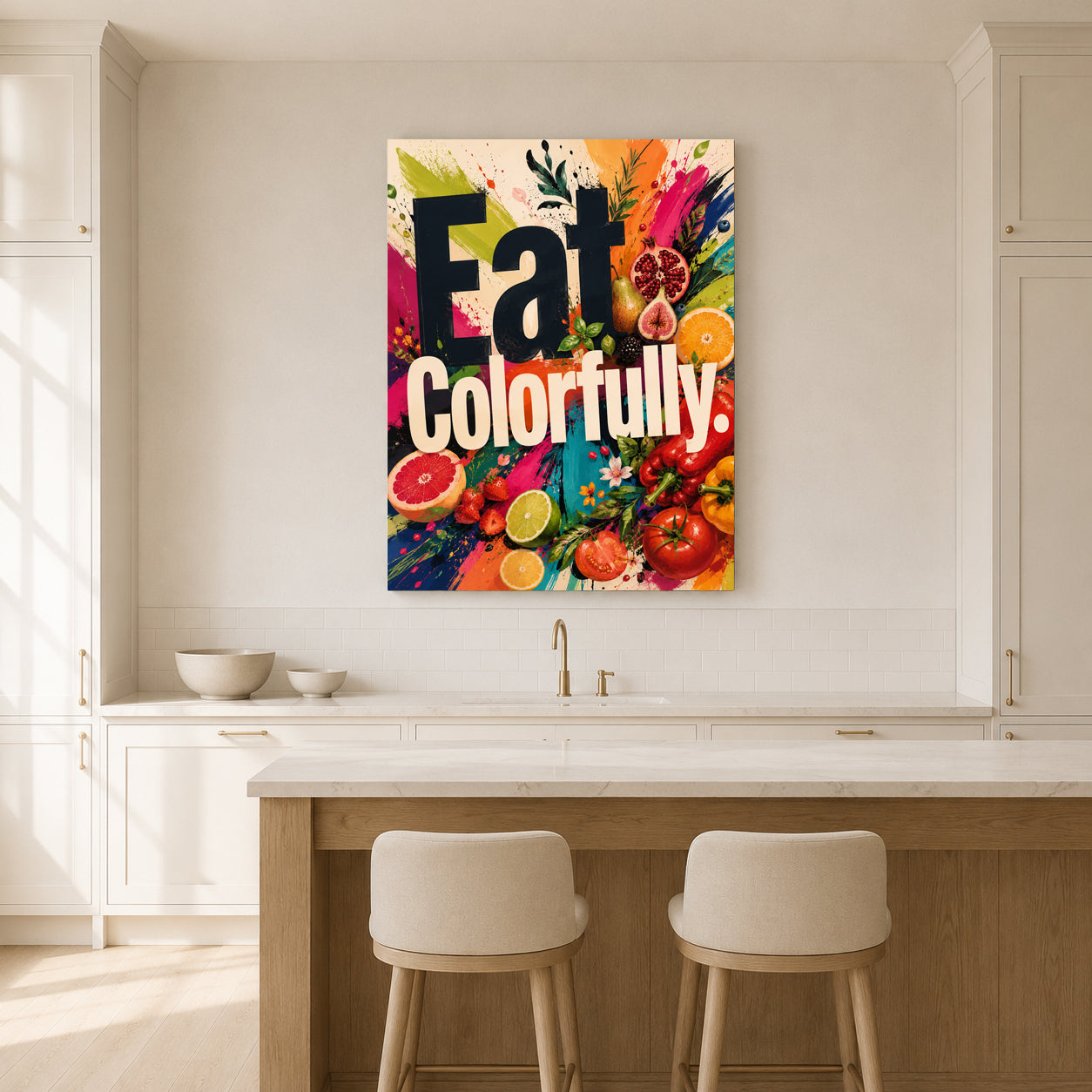 A colorful wall art print with the words 'Eat Colorfully' hangs above a kitchen island in a bright, modern kitchen. The artwork features vibrant illustrations of fruits and vegetables with bold black and white lettering.