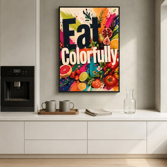 A framed wall art print with the words “Eat Colorfully.” hangs above a kitchen counter.