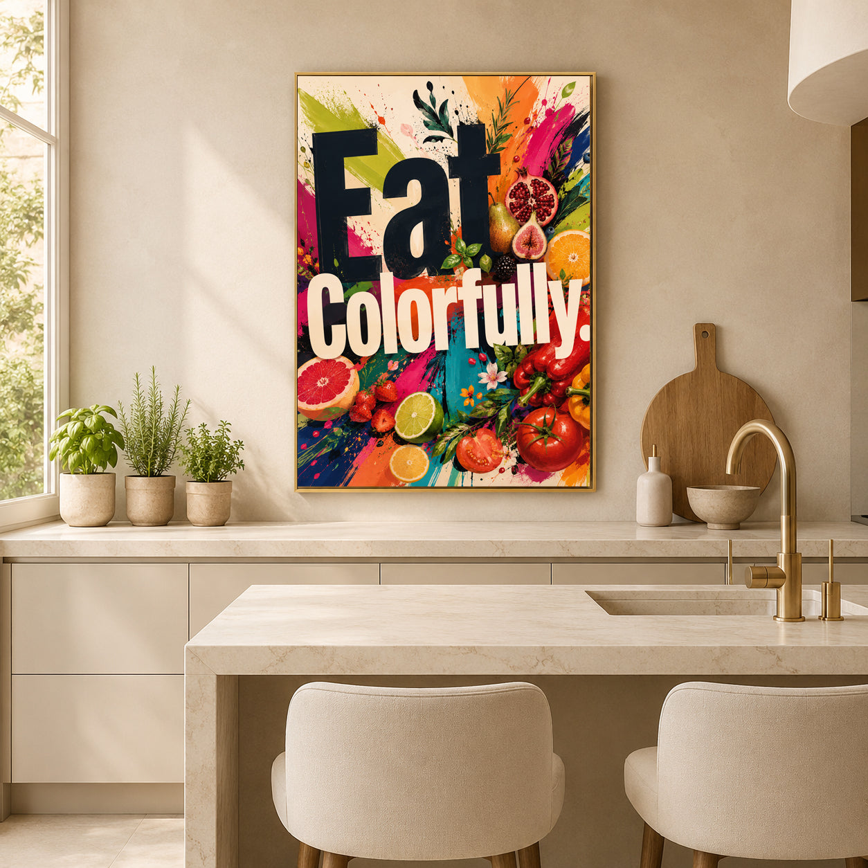 A colorful framed wall art print with the text 'Fat Colorfully.' hangs above a kitchen island.