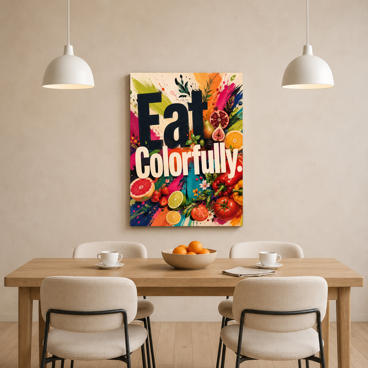 A colorful canvas wall art print featuring the text 'Eat Colorfully' with vibrant fruit illustrations, displayed above a wooden dining table with chairs in a modern dining room setting.