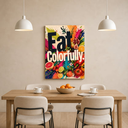 A colorful canvas wall art print featuring the text 'Eat Colorfully' with vibrant fruit illustrations, displayed above a wooden dining table with chairs in a modern dining room setting.