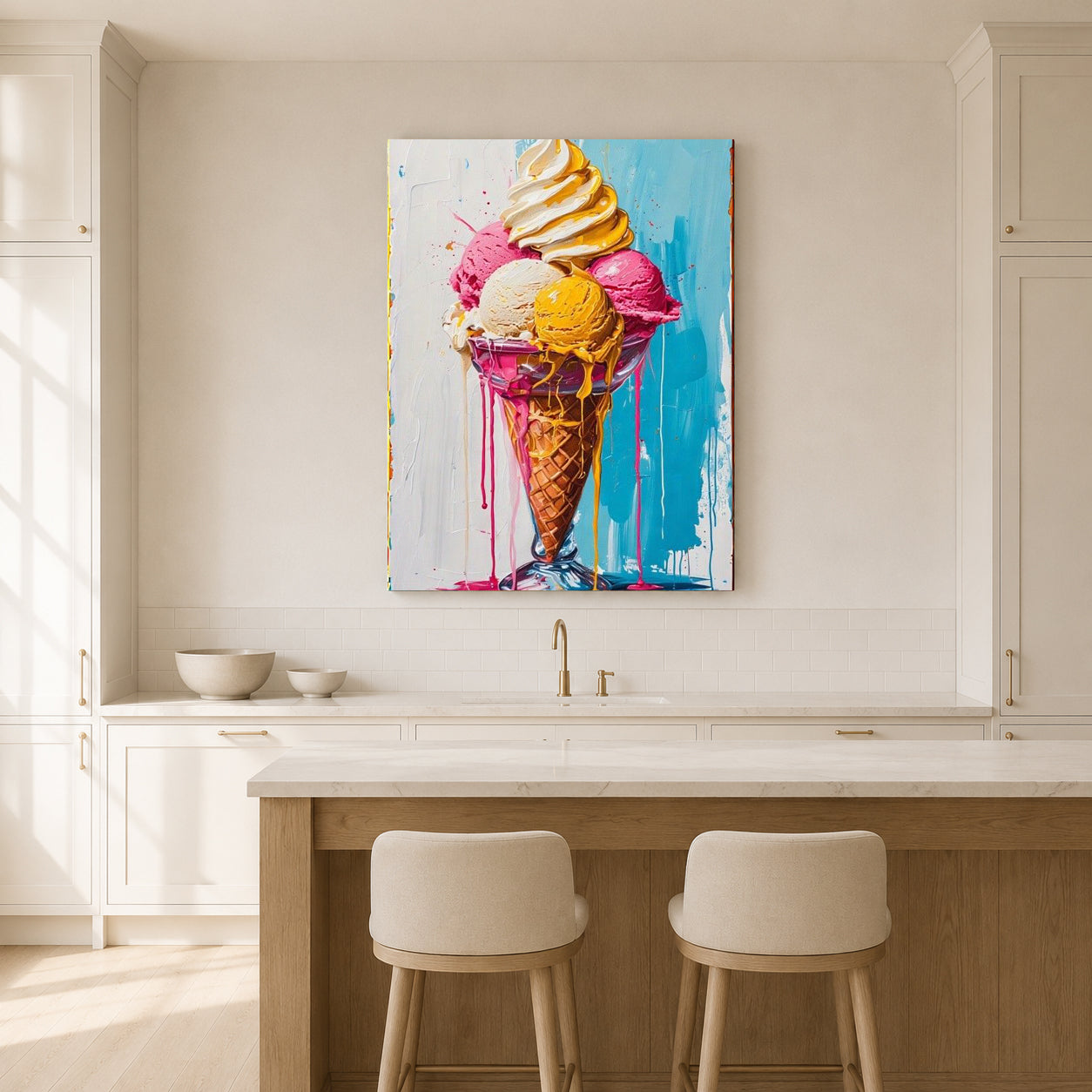 A colorful canvas wall art print of a swirl ice cream cone, displayed in a bright, modern kitchen setting above a wooden island and two white bar stools.