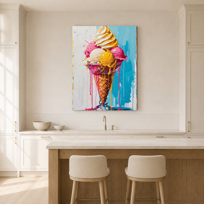 A colorful canvas wall art print of a swirl ice cream cone, displayed in a bright, modern kitchen setting above a wooden island and two white bar stools.