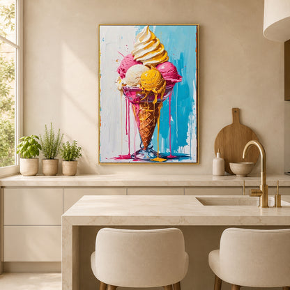 A colorful framed wall art print depicting a swirl of ice cream in a waffle cone, hanging above a kitchen island in a modern beige kitchen setting.