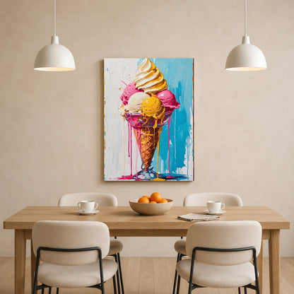 A colorful canvas wall art print of an ice cream cone painting, displayed in a modern dining room setting above a wooden table with chairs and pendant lights.