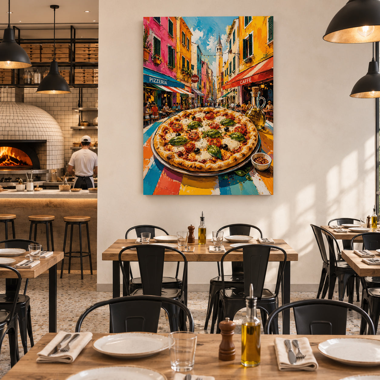 Italian Pizza Street Scene Wall Art for Kitchen & Dining Room