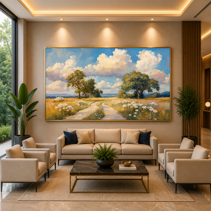 Sunny Countryside Meadow Landscape Canvas Wall Art for Modern Homes