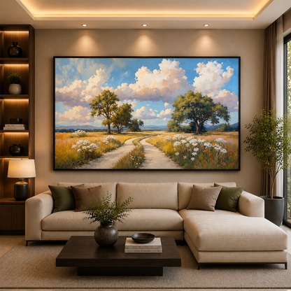 Sunny Countryside Meadow Landscape Canvas Wall Art for Modern Homes
