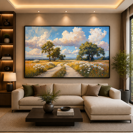 Sunny Countryside Meadow Landscape Canvas Wall Art for Modern Homes