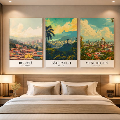 Bogotá São Paulo Mexico City Canvas Wall Art Set of 3 Decor