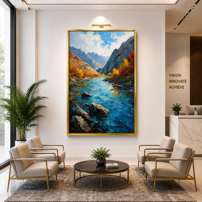 Autumn Mountain River Canvas Wall Art Vertical Landscape Painting