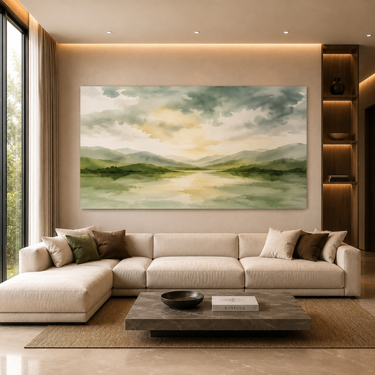 Watercolor Lakeside Meadow Canvas Wall Art