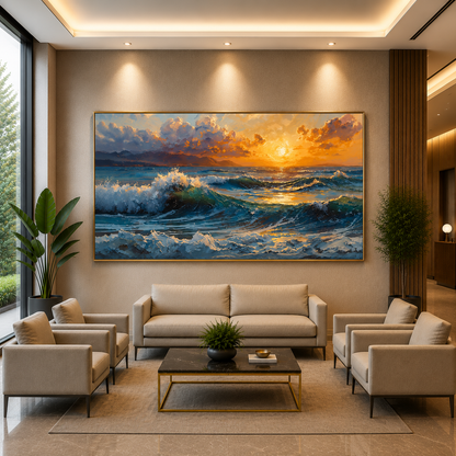 Ocean Sunset Waves Canvas Wall Art Coastal Seascape Landscape Decor