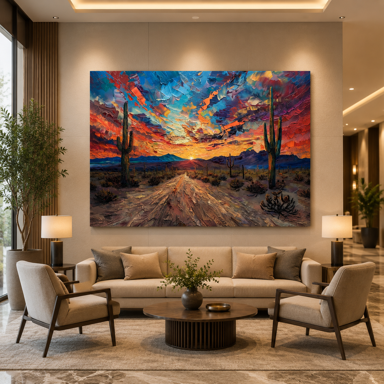 Colorful Desert Sunset Canvas Wall Art Abstract Cactus Landscape
