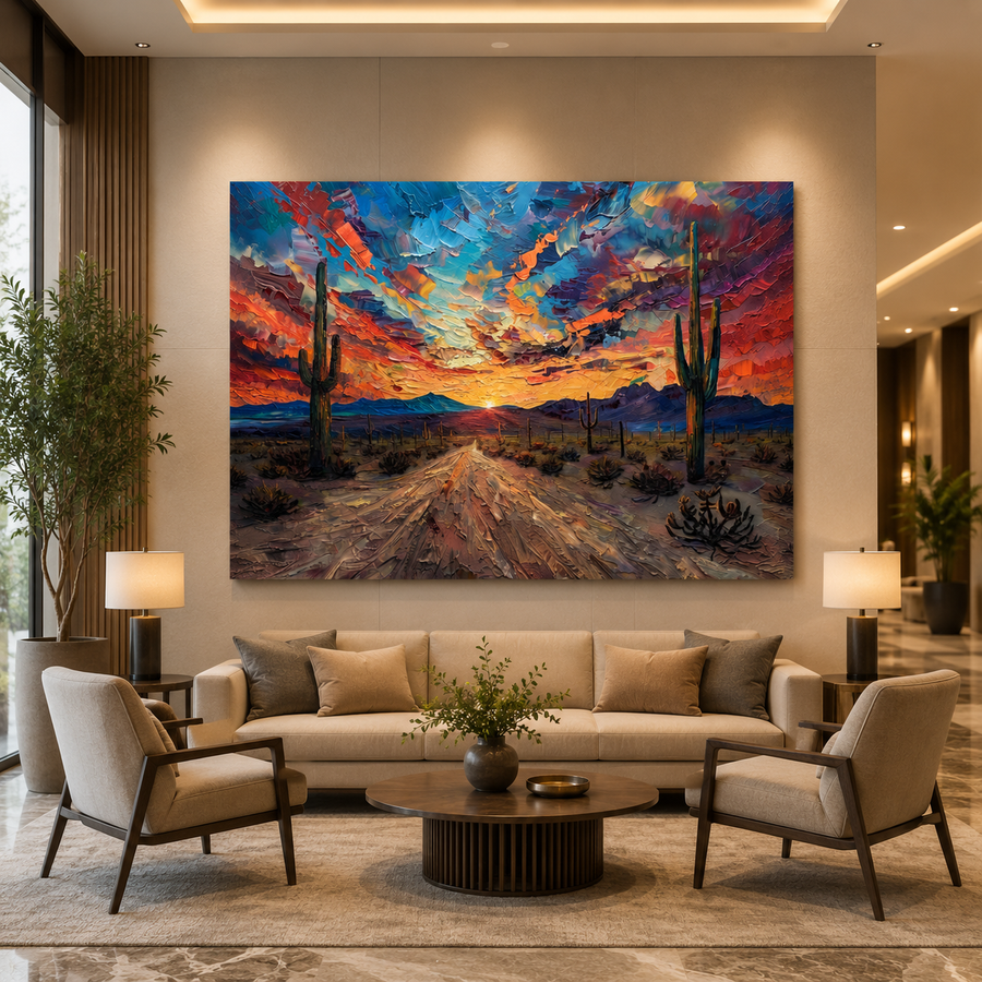 Colorful Desert Sunset Canvas Wall Art Abstract Cactus Landscape