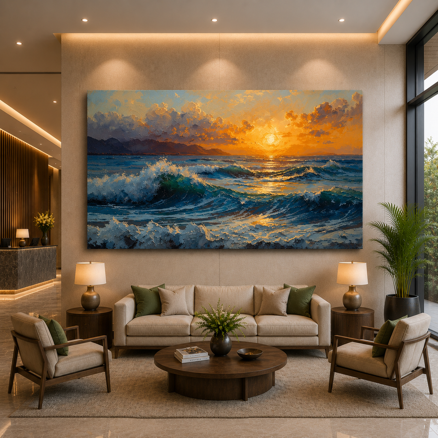 Ocean Sunset Waves Canvas Wall Art