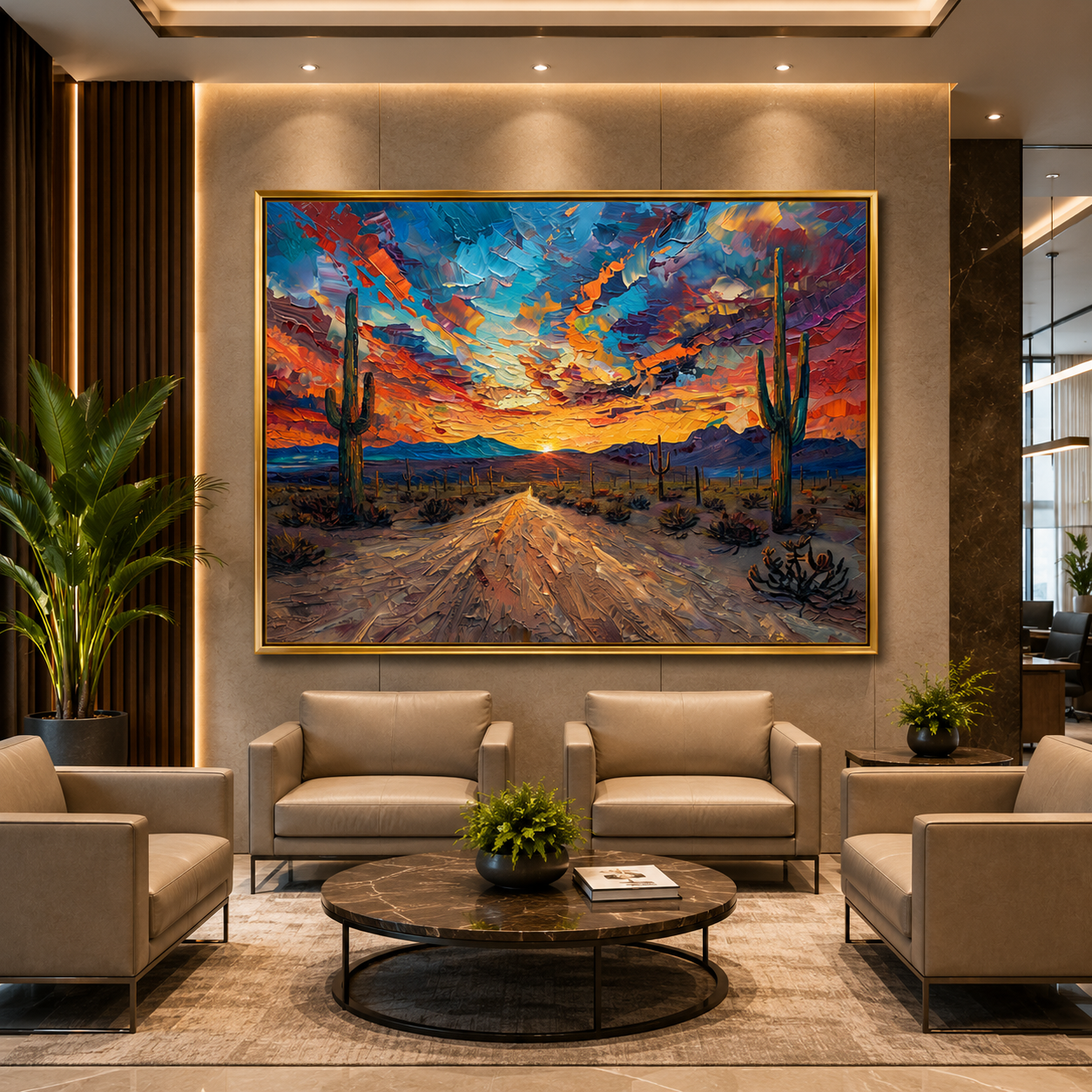 Colorful Desert Sunset Canvas Wall Art Abstract Cactus Landscape