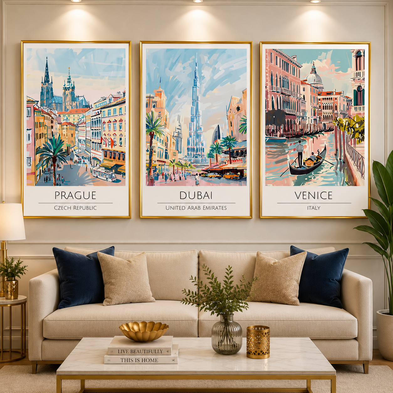 Prague Dubai Venice Travel Poster Set of 3 Wall Art Painting