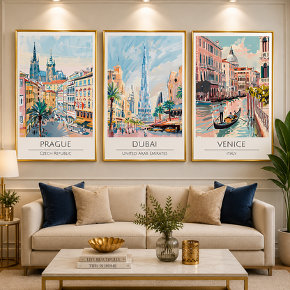 Prague Dubai Venice Travel Poster Set of 3 Wall Art Painting