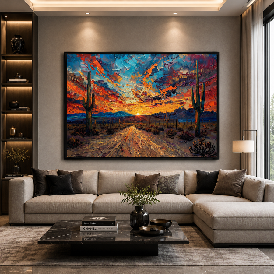 Colorful Desert Sunset Canvas Wall Art Abstract Cactus Landscape