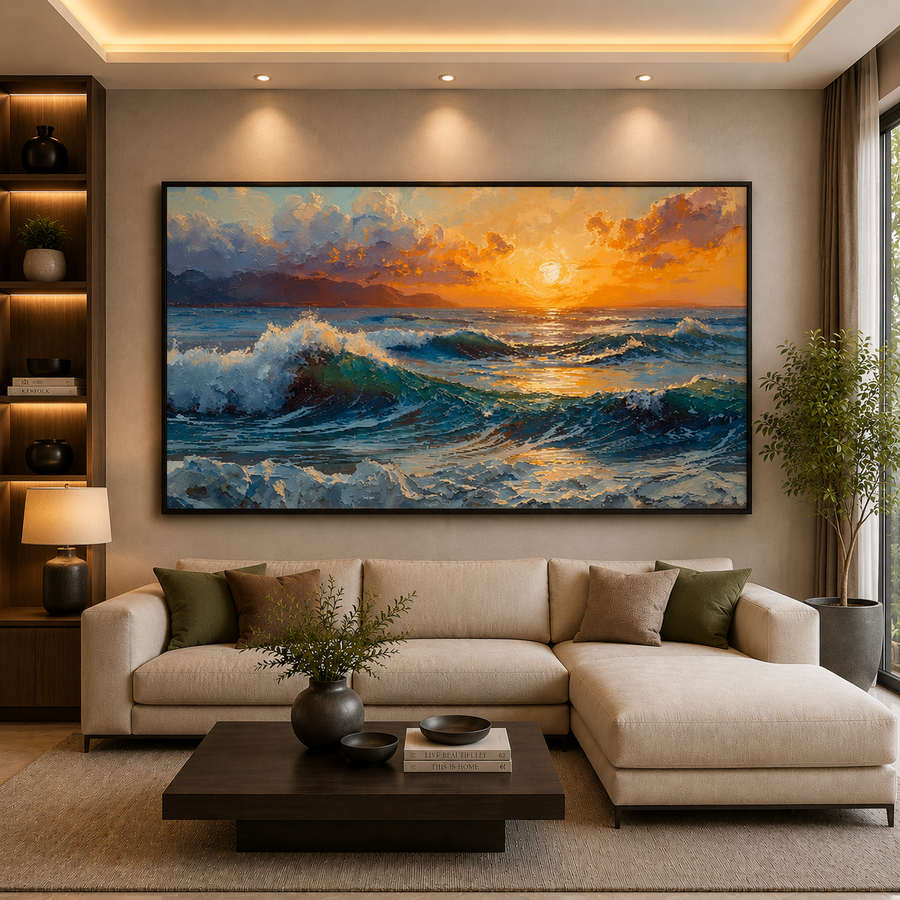 Ocean Sunset Waves Canvas Wall Art