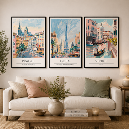 Prague Dubai Venice Travel Poster Set of 3 Wall Art Painting