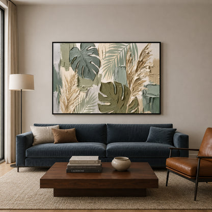 Modern Sage Botanical Wall Art with Monstera Leaves