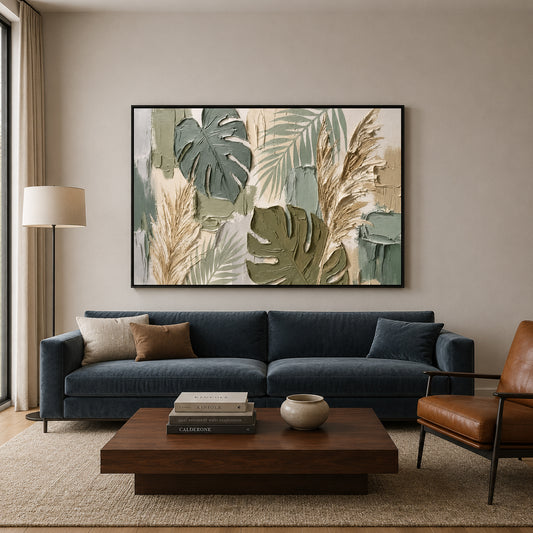 Modern Sage Botanical Wall Art with Monstera Leaves
