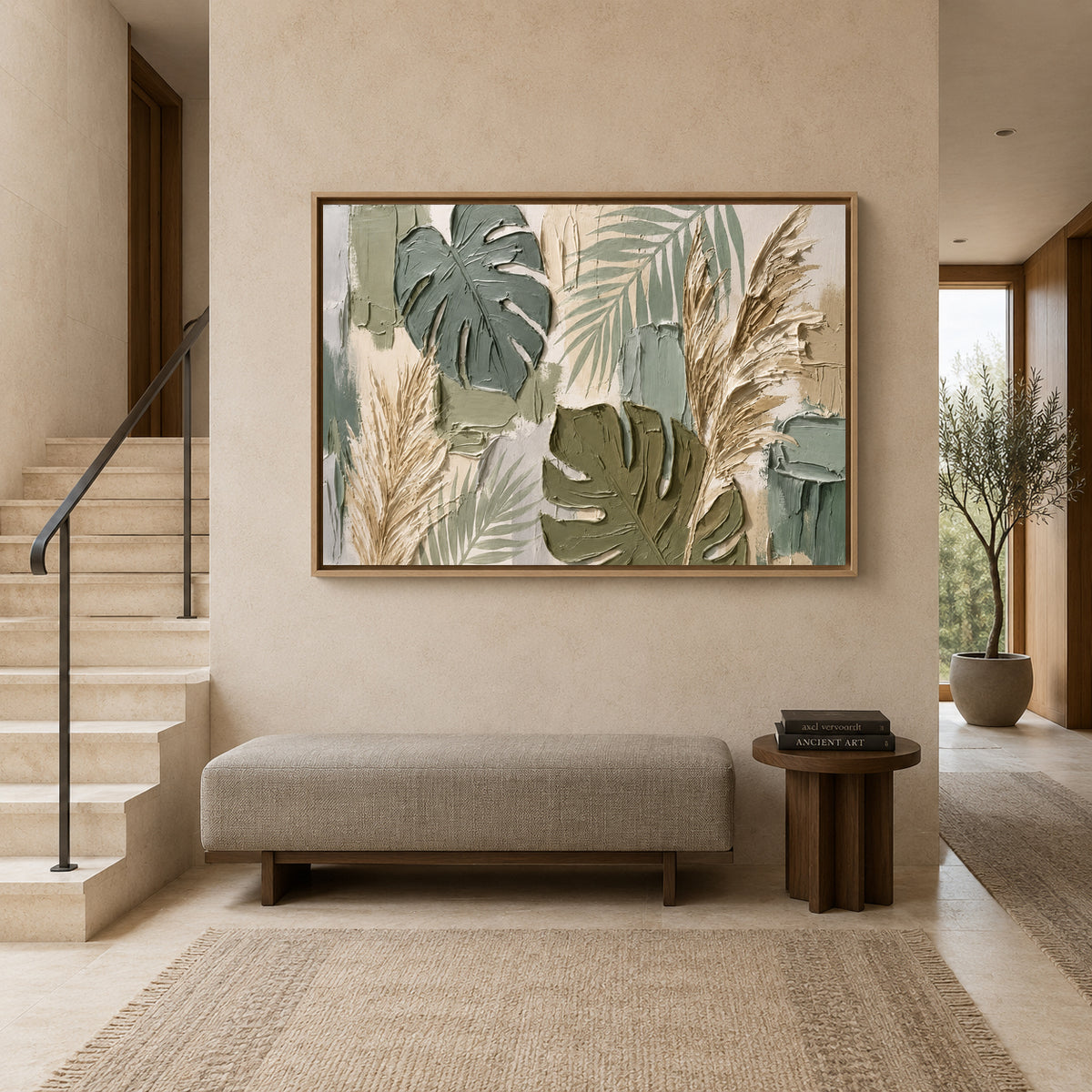 Modern Sage Botanical Wall Art with Monstera Leaves