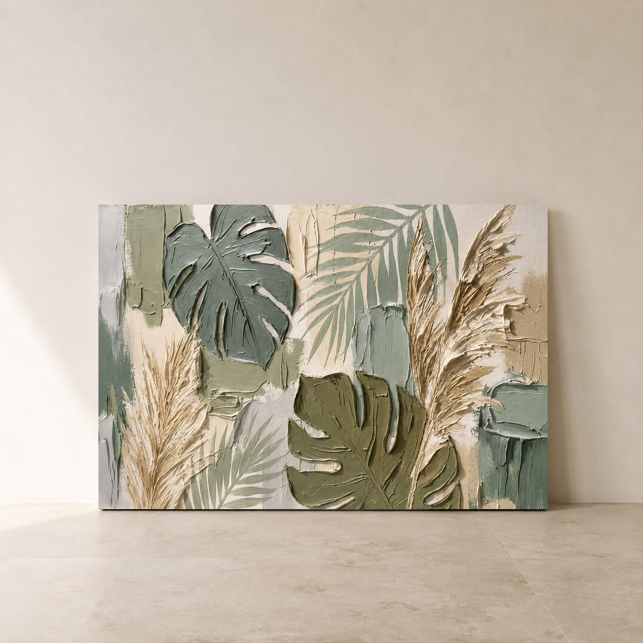 Modern Sage Botanical Wall Art with Monstera Leaves