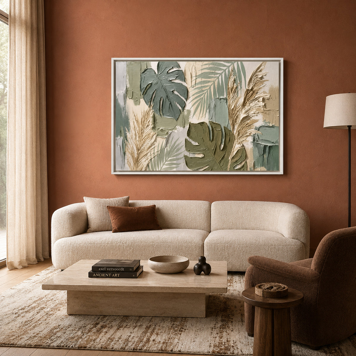 Modern Sage Botanical Wall Art with Monstera Leaves