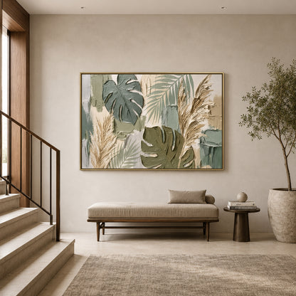 Modern Sage Botanical Wall Art with Monstera Leaves