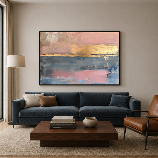 Blush Pink and Blue Abstract Canvas Art with Gold Accents