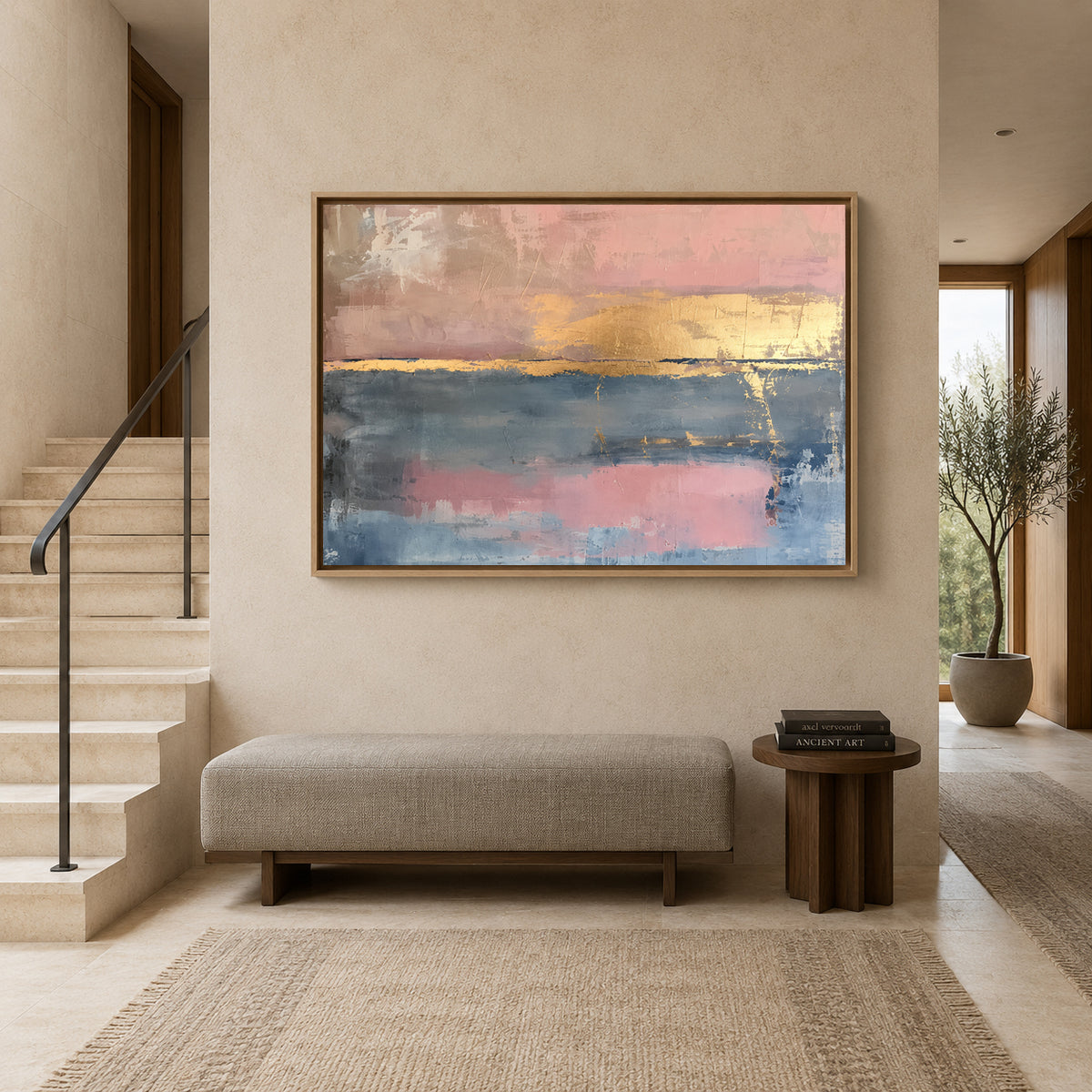 Blush Pink and Blue Abstract Canvas Art with Gold Accents