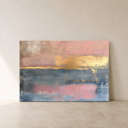 Blush Pink and Blue Abstract Canvas Art with Gold Accents