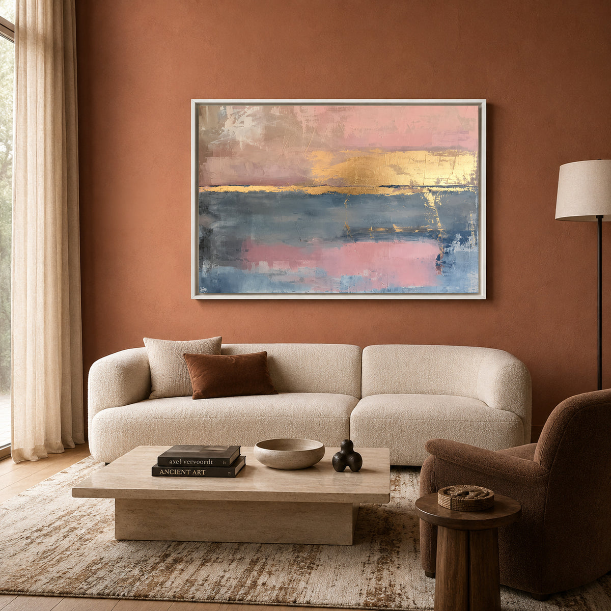 Blush Pink and Blue Abstract Canvas Art with Gold Accents