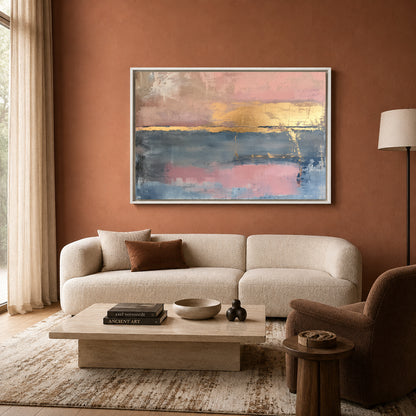 Blush Pink and Blue Abstract Canvas Art with Gold Accents