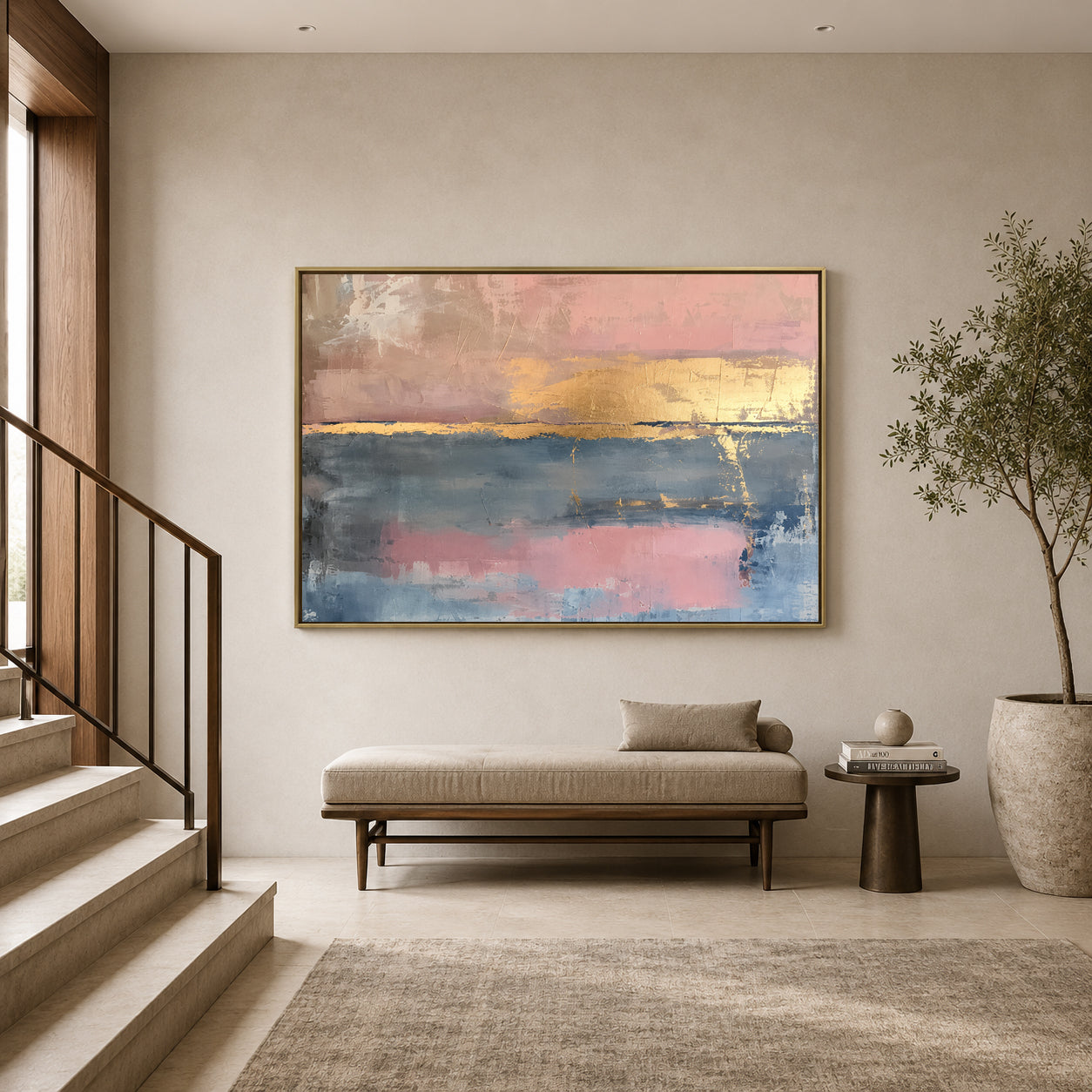 Blush Pink and Blue Abstract Canvas Art with Gold Accents